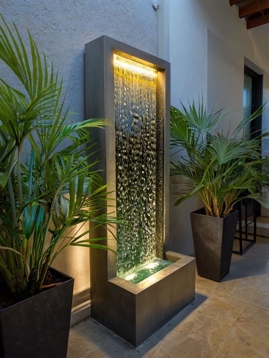 Outdoor water fountain with backlit, cascading water, flanked by potted plants