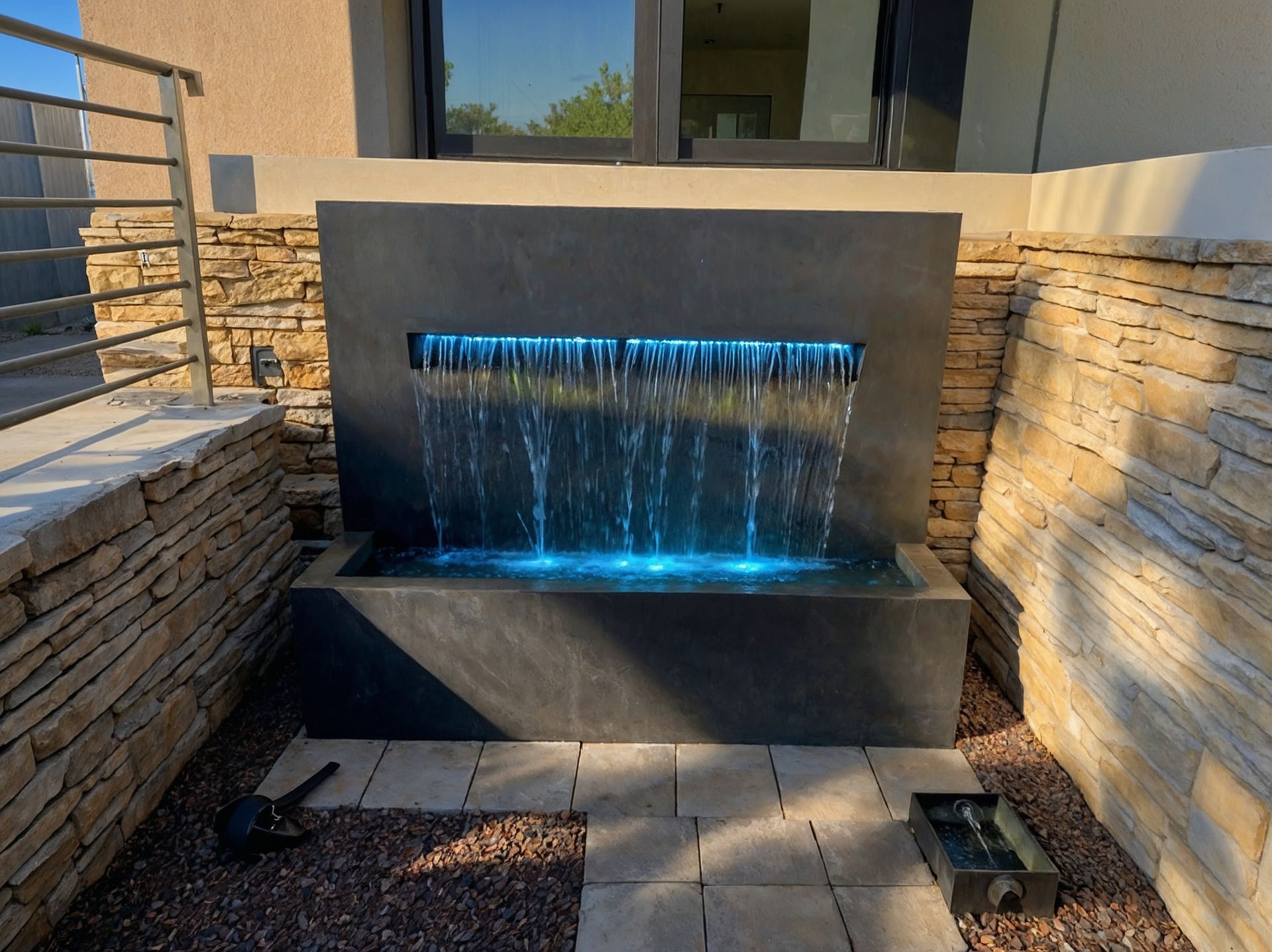 Outdoor water fountain with blue LED lights, surrounded by stone walls and a modern building