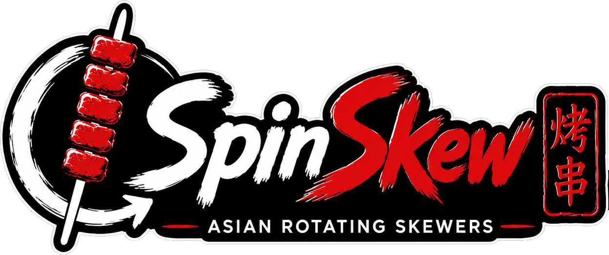 SpinSkew Asian Rotating Skewers logo with red skewer graphic and black-and-red text on a white background