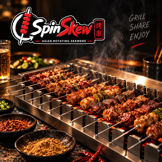 Charcoal grill with skewered meat sizzling under the SpinSkew logo, with dipping sauces nearby