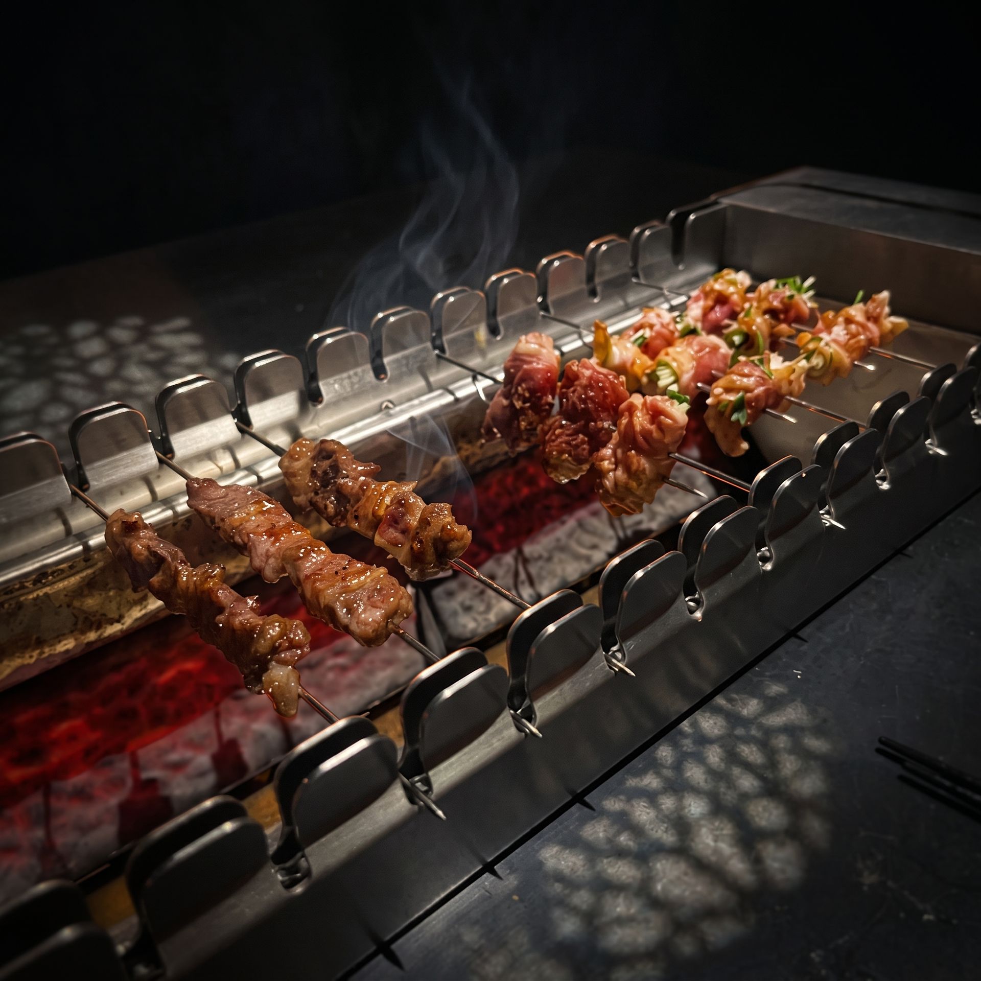 Skewers of meat and vegetables grilling over glowing coals on a metal barbecue rack