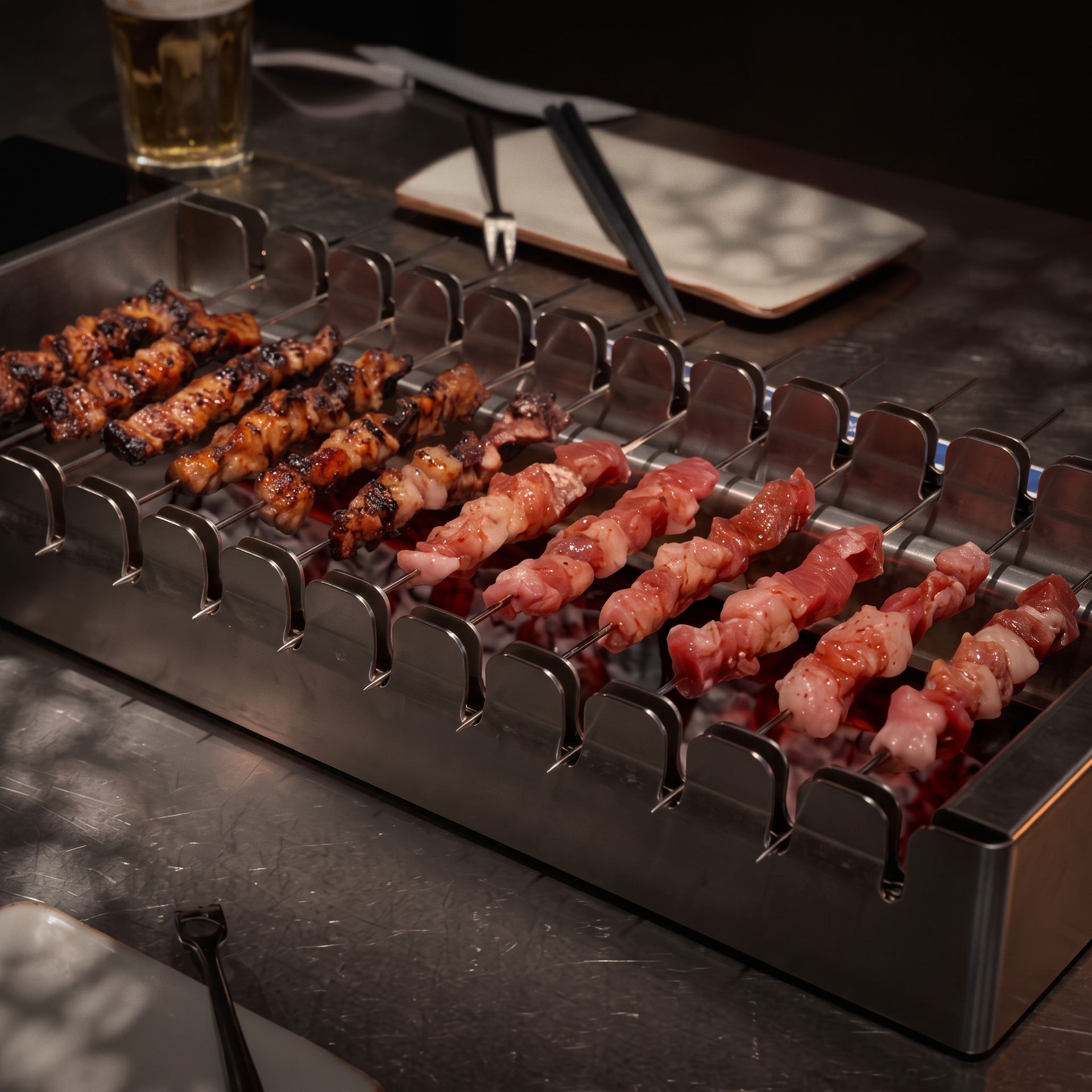 Skewered grilled meat on a tabletop hibachi grill, with charred and raw pieces arranged in rows.