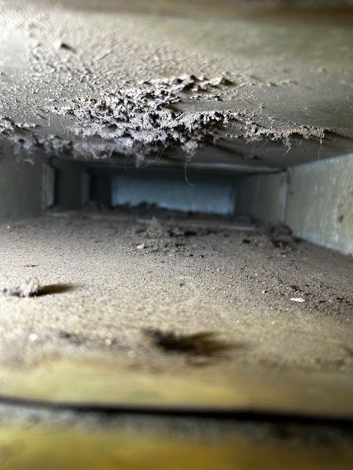 A close up of a dirty air vent in a building.