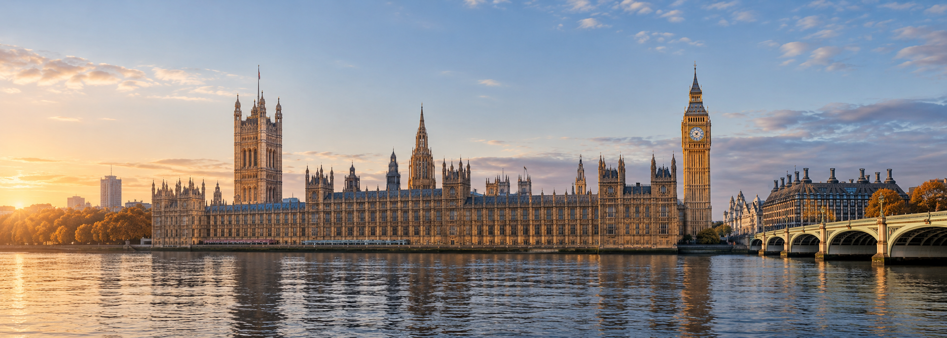 The Palace of Westminster beside the Thames in autumn light
