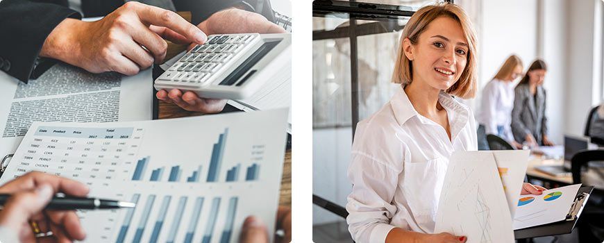 Office collage showing charts on a laptop, hands using a calculator, and a smiling coworker with a laptop