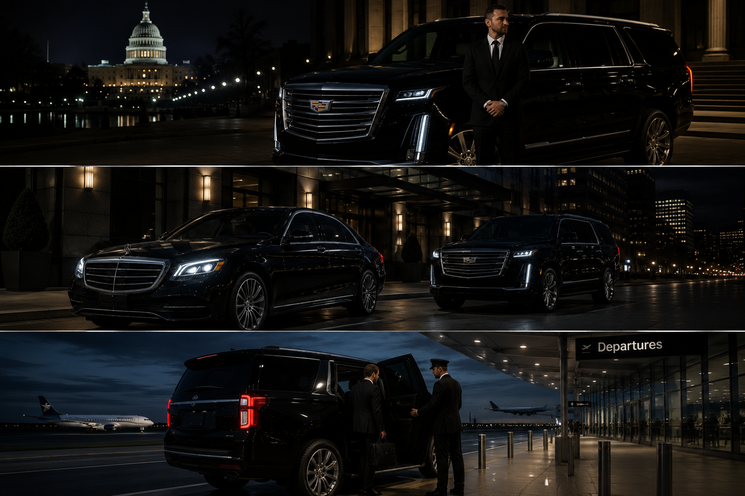 Luxury black SUVs with suited driver at Any time of your request