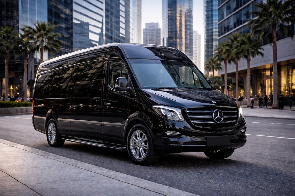 Black Mercedes-Benz Sprinter van parked on a city street with tall buildings in the background.