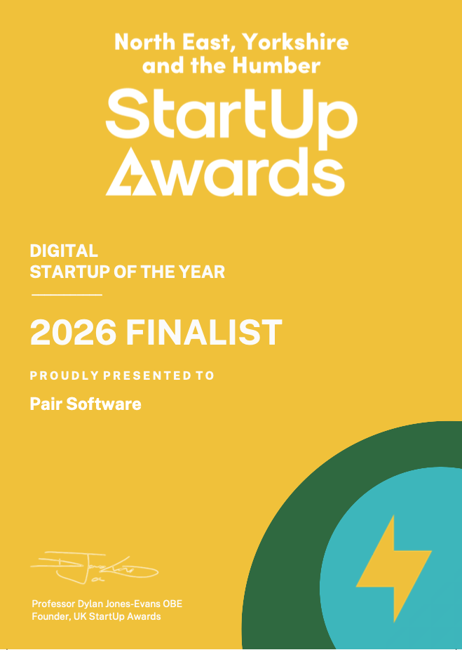 North East, Yorkshire and the Humber StartUp Awards 2026 finalist certificate for Pair Software
