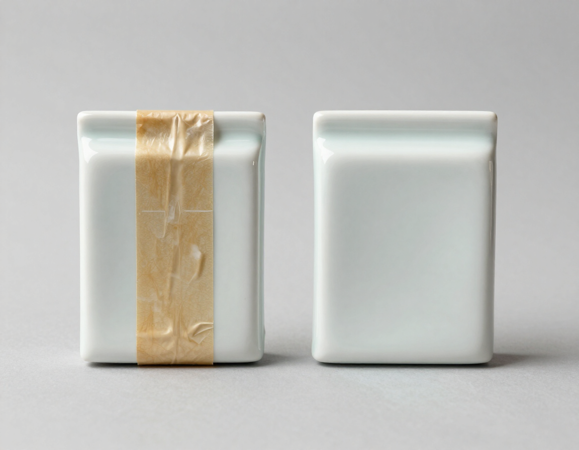 A package with bumper tape or a part-number label attached, beside the same package cleaned
