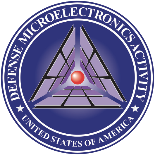 Defense Microelectronics Activity seal with purple triangle, red orb, and U.S.A. ring text