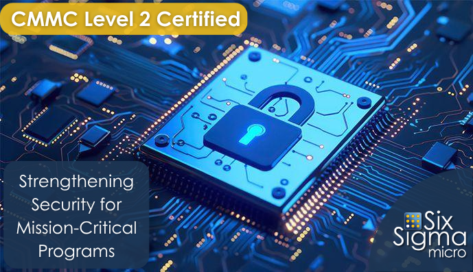 Blue circuit board with locked chip, “CMMC Level 2 Certified” and “Strengthening Security for Mission-Critical Programs” text