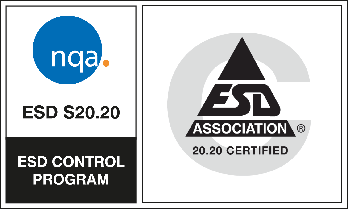 NQA ESD Control Program and ESD Association 20.20 certified logos