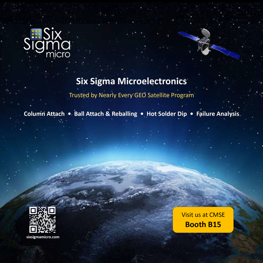 Advertisement for Six Sigma Microelectronics featuring a satellite orbiting Earth, service list, and booth information.