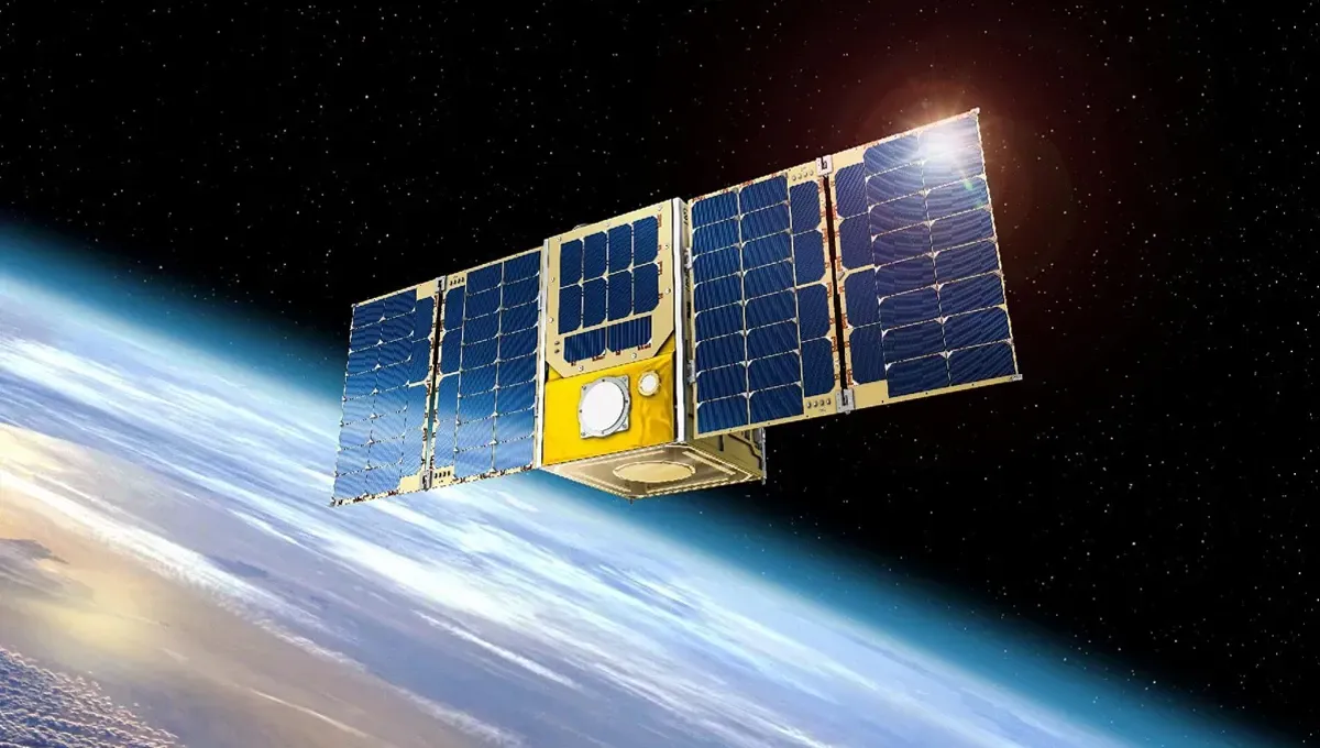 Satellite orbiting above Earth with blue solar panels against a starry space background