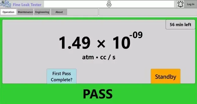 Leak test results screen