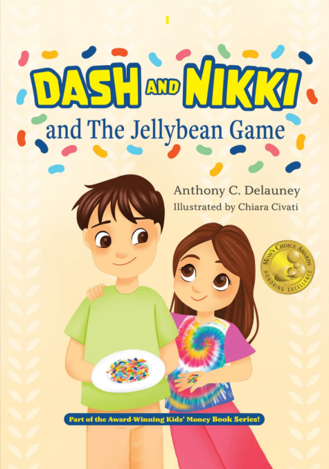 Book cover: Dash and Nikki holding a plate of jellybeans; colorful confetti; bright background.