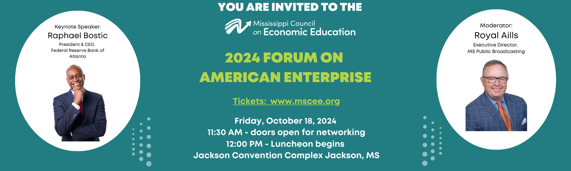Invitation for 2024 Forum on American Enterprise with speakers and event details, teal background.