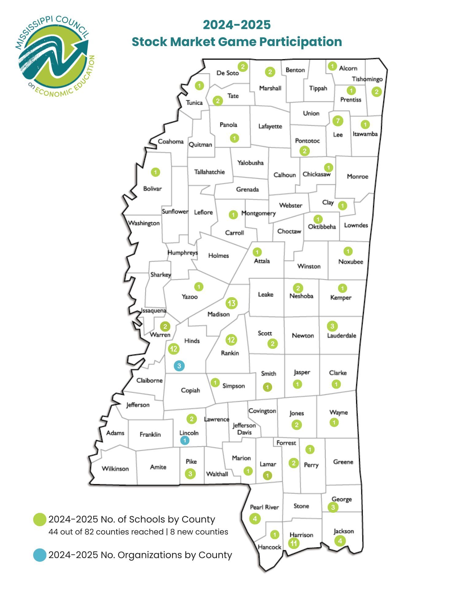 Mississippi map showing stock market game participation by county, with green and blue data points.
