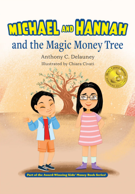 Book cover: Boy and girl by a money tree. Boy smiles. Girl wears glasses. Title is