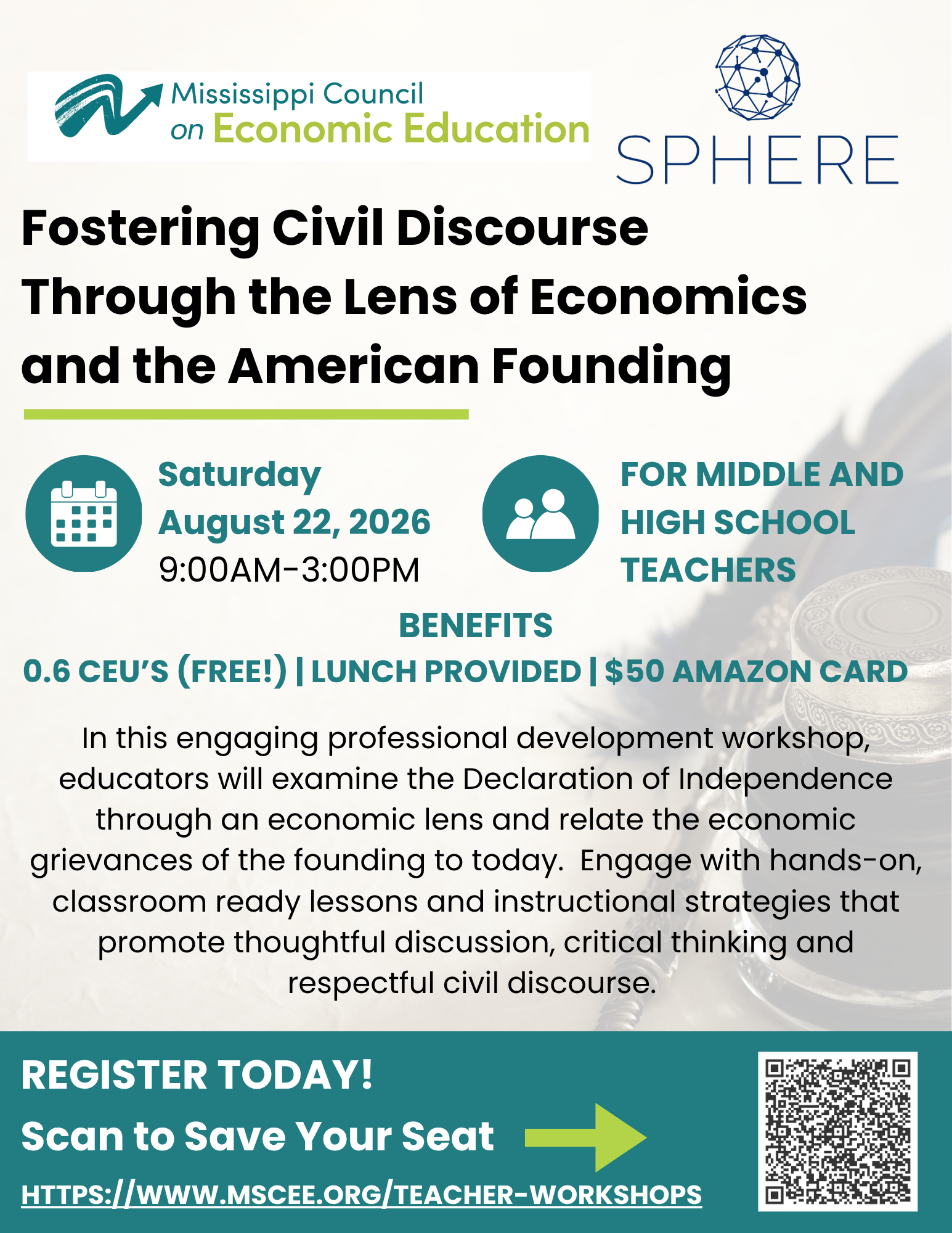 Poster: Mississippi Council on Economic Education workshop. Danny Dollar, online workshop. Free curriculum.