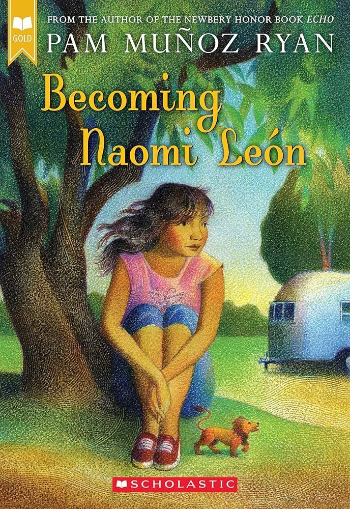 Book cover: Girl, red shoes, sits by a tree, trailer in background. Title: Becoming Naomi León.