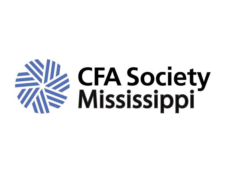 Logo for CFA Society Mississippi, featuring a blue and white abstract design with accompanying black text.