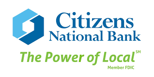 Citizens National Bank logo with a blue and green hexagon, dark blue text, and a green tagline.