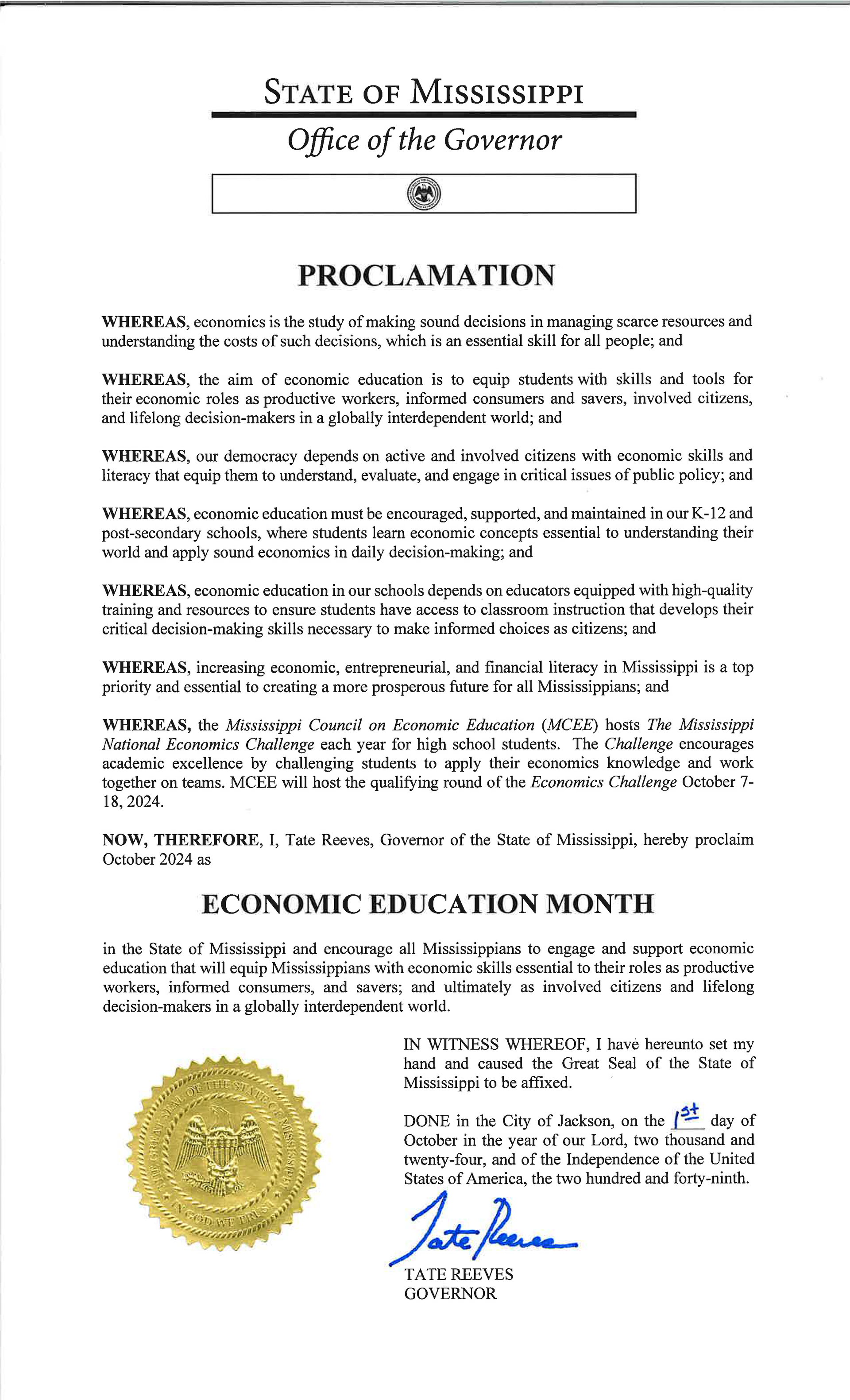 Mississippi Governor's proclamation for Economic Education Month, with seal and signature.