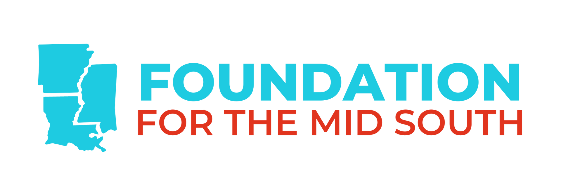 Logo of Foundation for the Mid South; includes turquoise map of Arkansas, Mississippi, and Louisiana, and text.