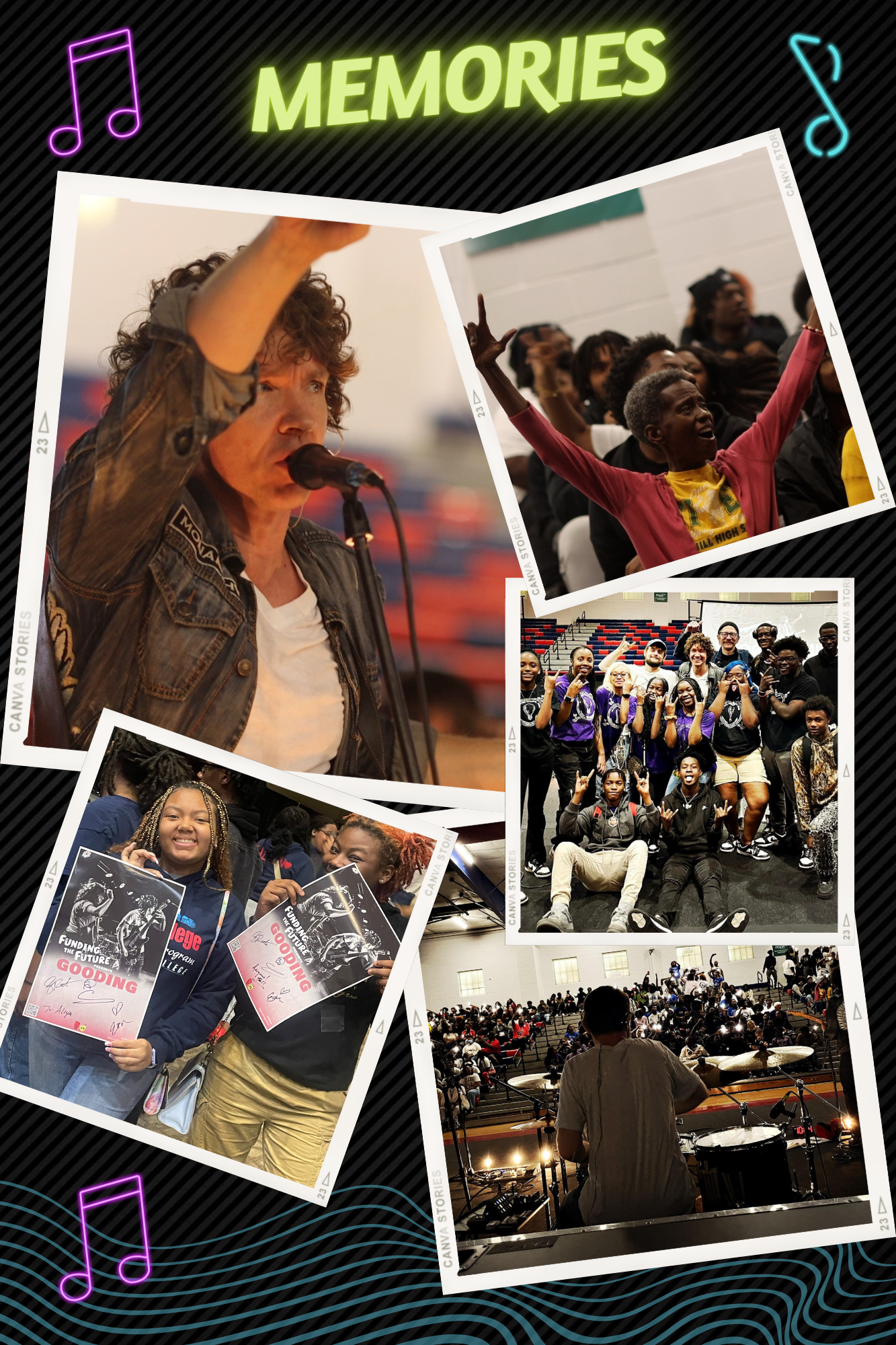 Collage: People at an event. Singer, crowds, holding posters. Neon
