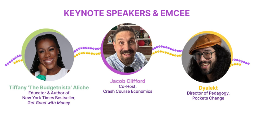 Keynote speakers: Tiffany Aliche, Jacob Clifford, and Dyckicki. Each has a circular headshot.