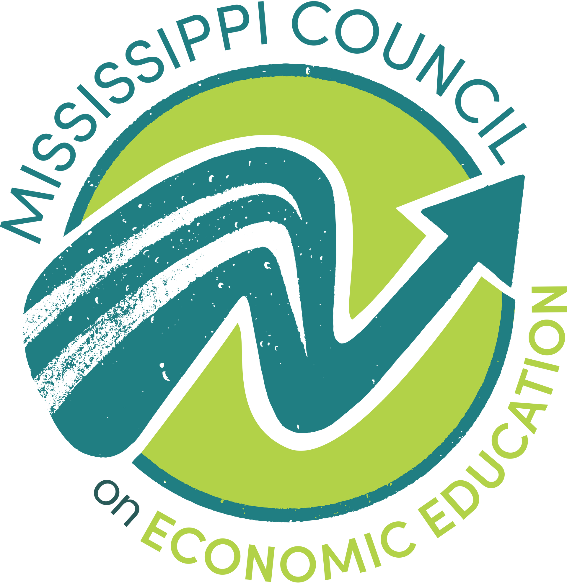 Mississippi Council on Economic Education logo: teal arrow rising inside a green circle, white text.