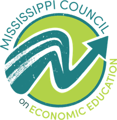 Mississippi Council on Economic Education logo: teal arrow and stylized arrow rising within a green circle.