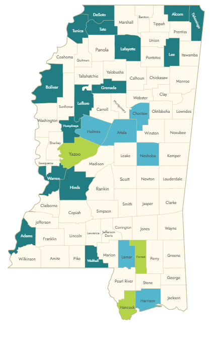 Map of Mississippi indicating the counties served by this project.
