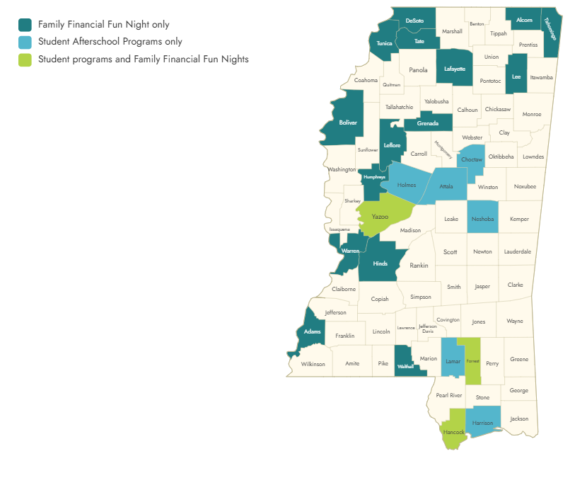 Map of Mississippi counties, color-coded by programs offered: Financial help, student programs, or both.