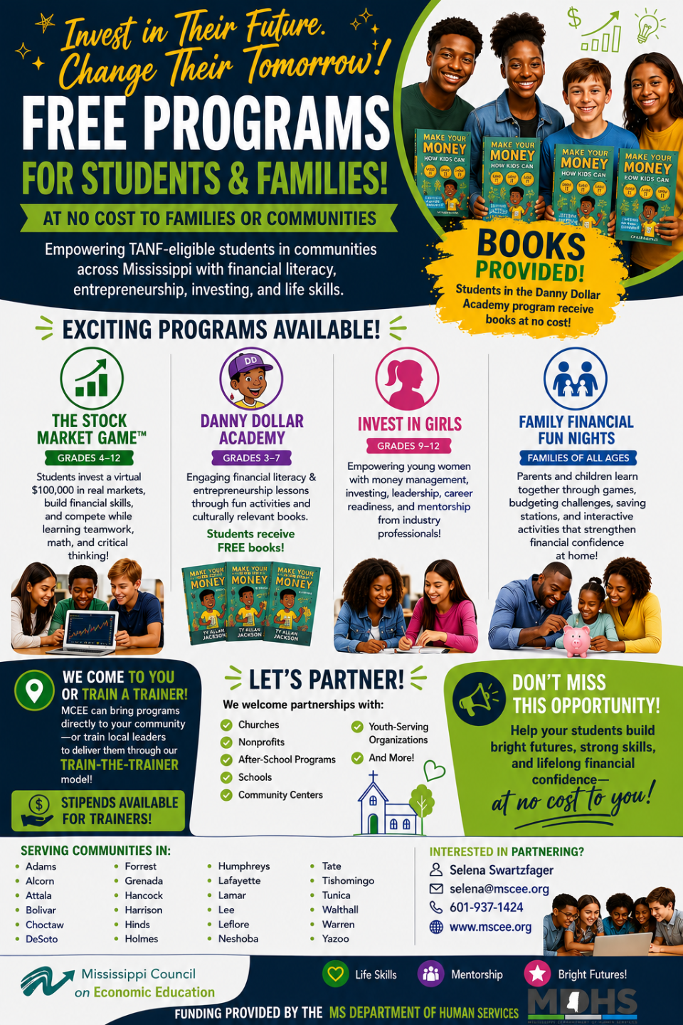 Flyer for free programs for students and families, with colorful photos, books, and event details.