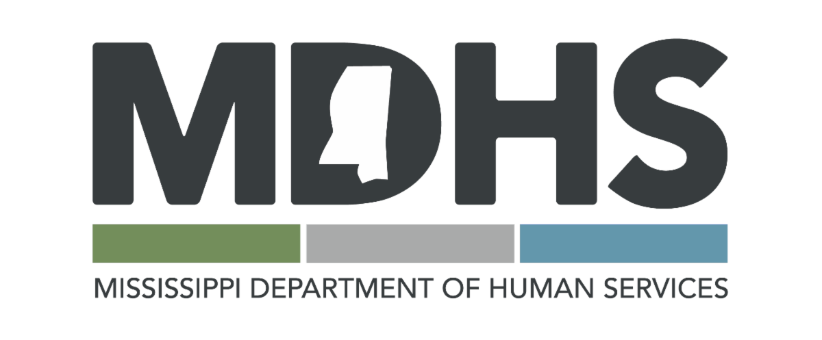 MDHS logo: dark gray letters with Mississippi outline, and colored bars below.