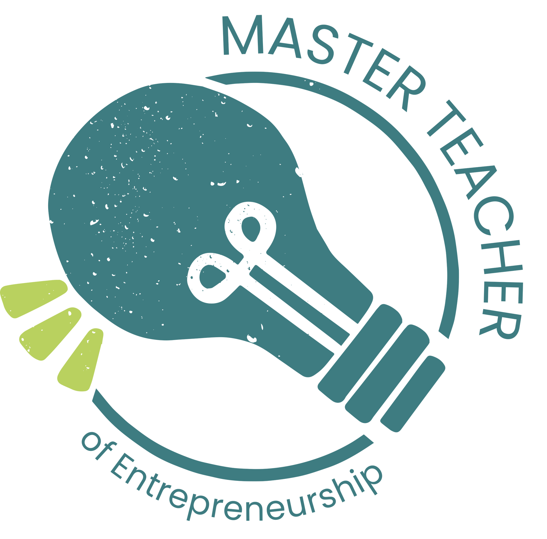 Master Teacher of Entrepreneurship logo: teal lightbulb in a circle, green rays, text around the edge.