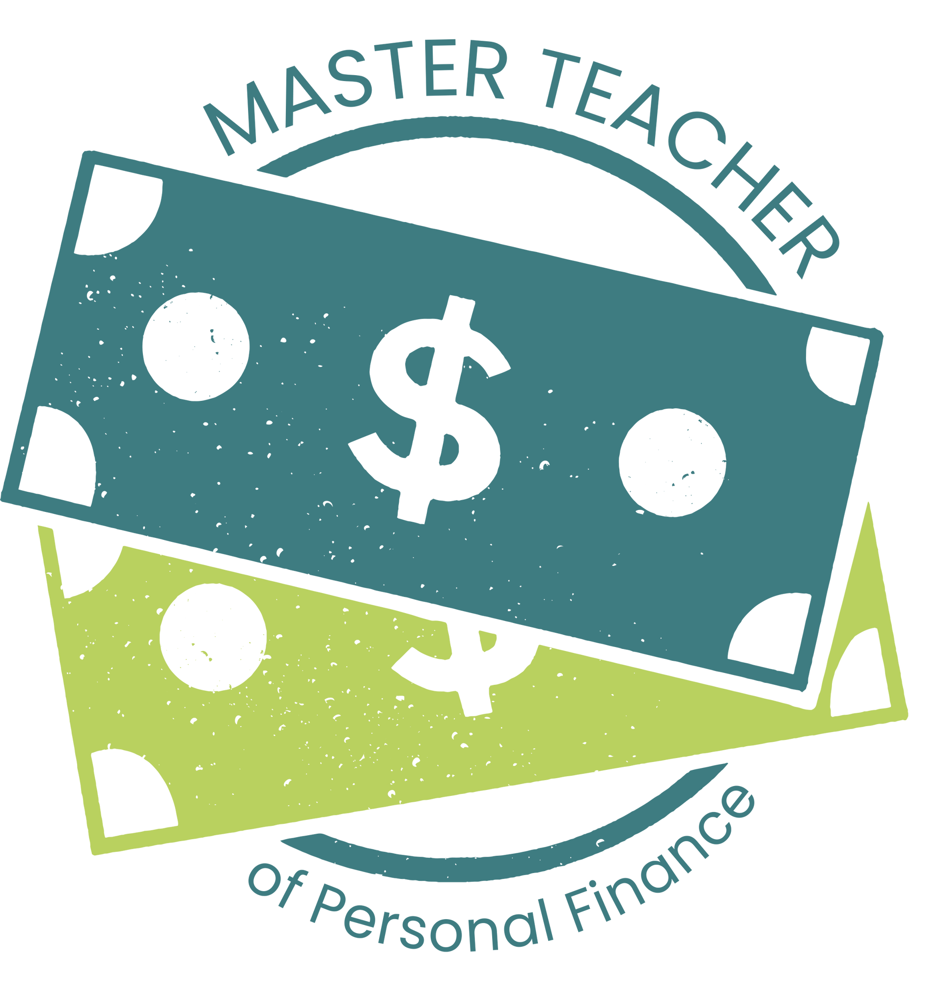 Logo with overlapping teal and green dollar bills, dollar sign, and text: