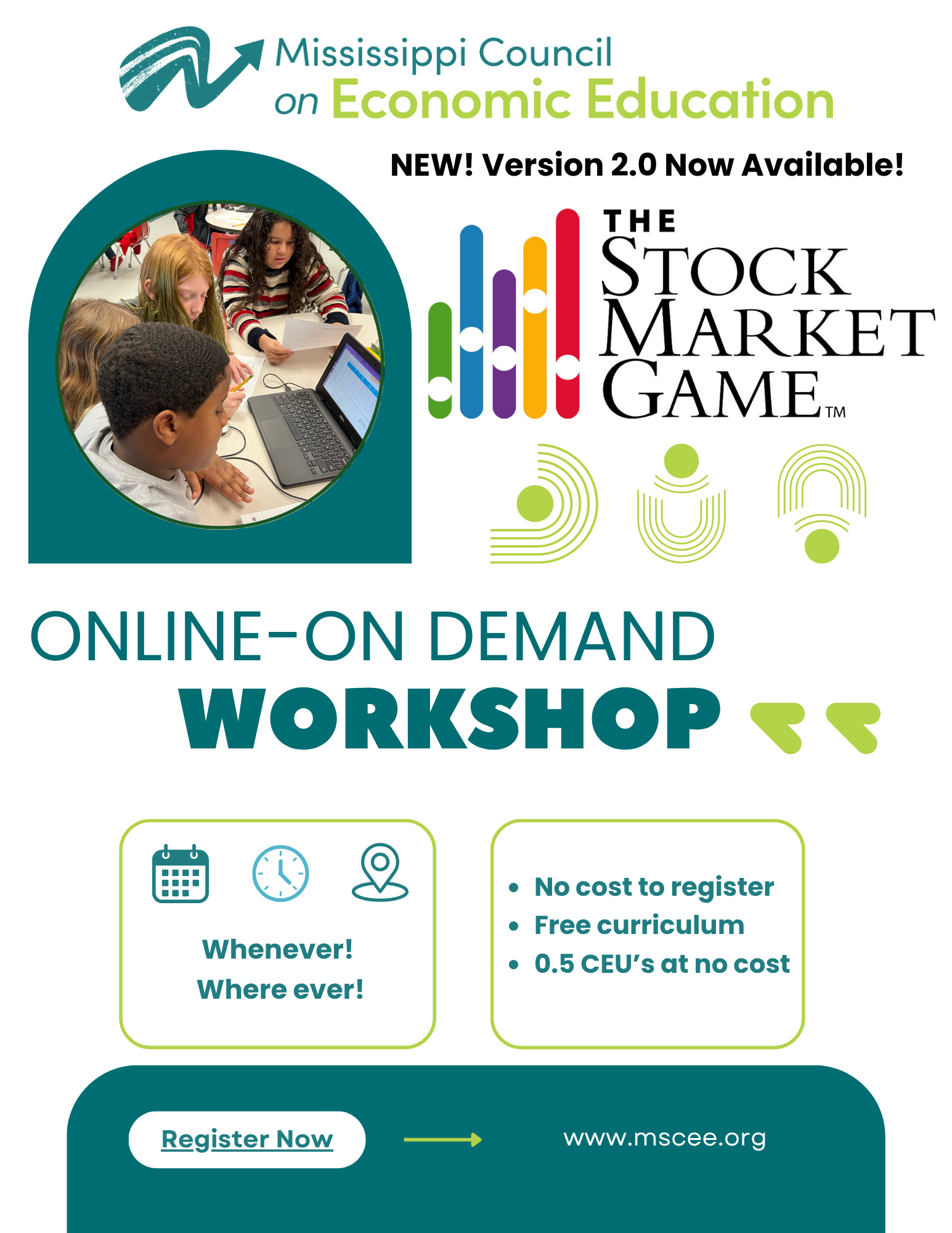 Promotional graphic for an online stock market workshop. Features students, colorful icons, and registration information.
