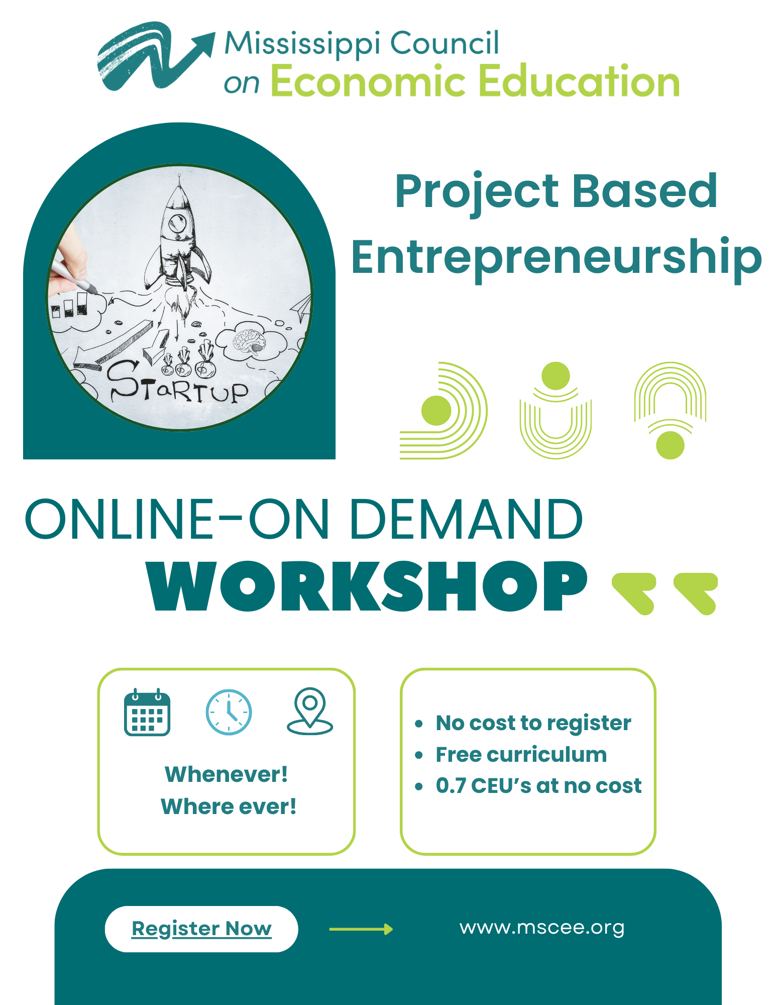 Promotional graphic for online entrepreneurship workshop. Teal and white. Includes event details and website.