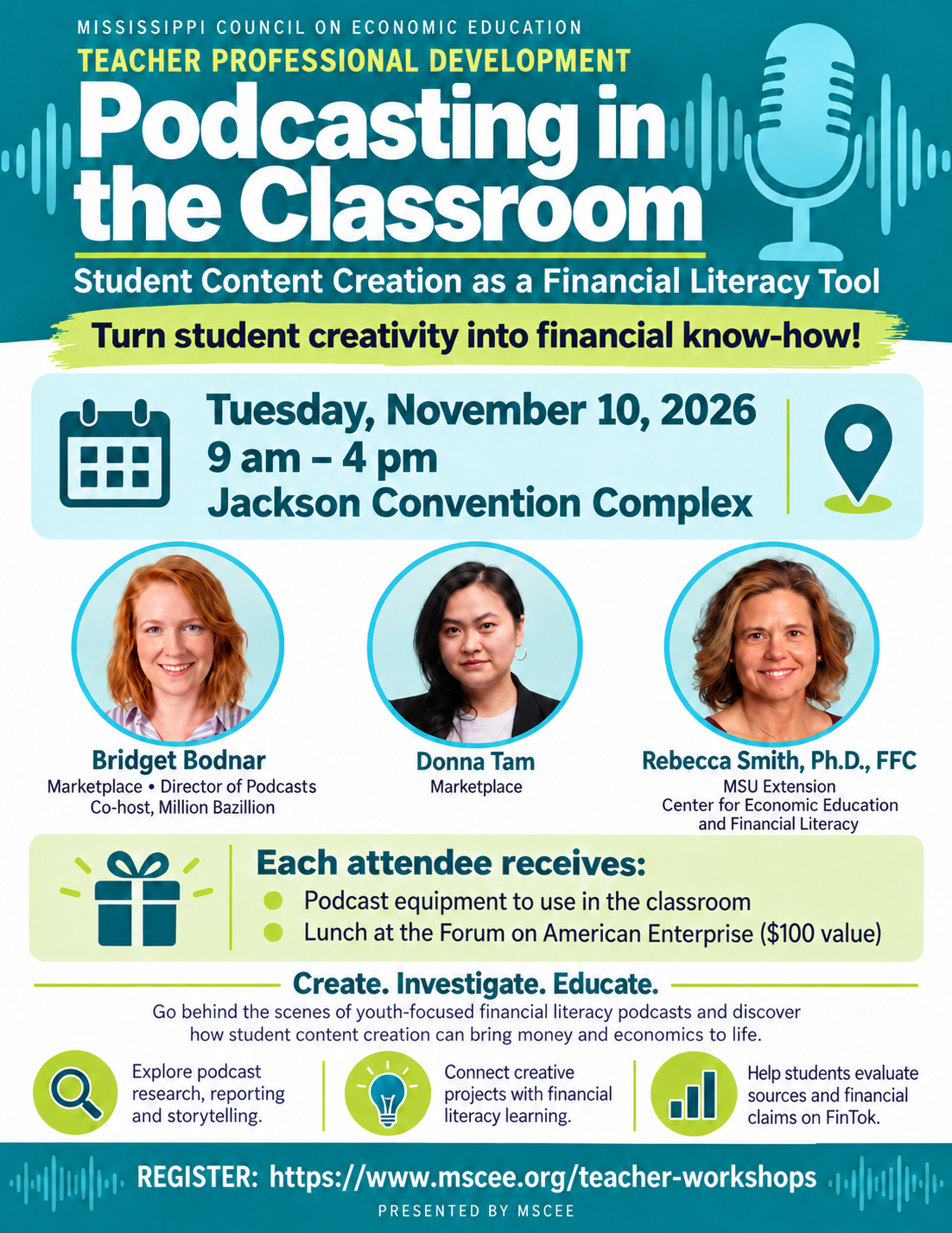 Teacher professional development poster for “Podcasting in the Classroom,” Nov. 10, 2026, Jackson Convention Complex.
