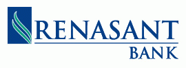 Logo for Renasant Bank: Blue square with three teal lines, text 