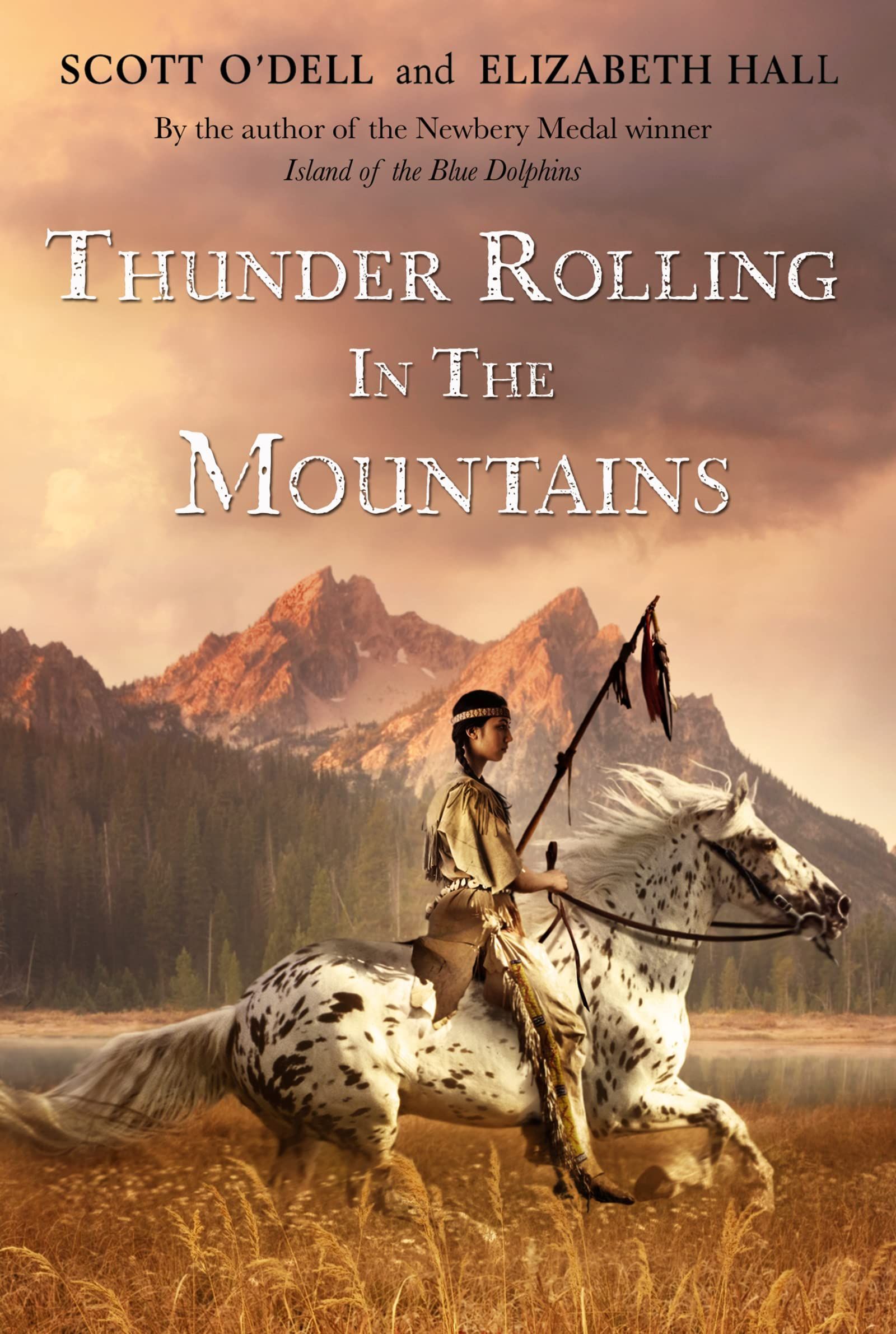 Book cover: A person on a spotted horse rides through a field. Mountains and lake are in the background.