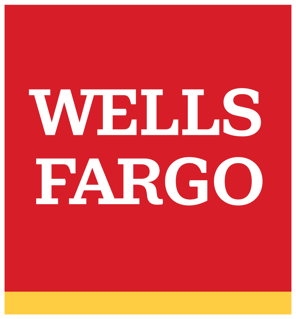 Wells Fargo logo: white text on red background, yellow stripe at the bottom.