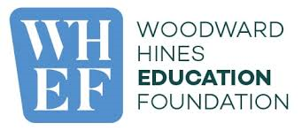 Logo of the Woodward Hines Education Foundation. Blue square with white letters