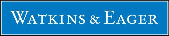 Watkins & Eager text on a blue rectangular background.