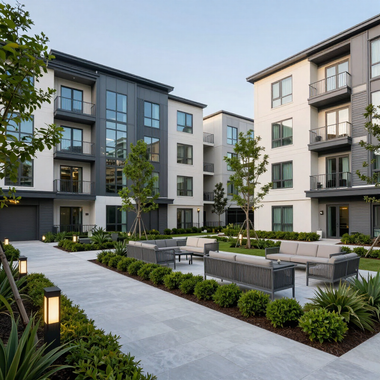 Modern apartment courtyard with landscaped paths, seating, and multi-story buildings at dusk