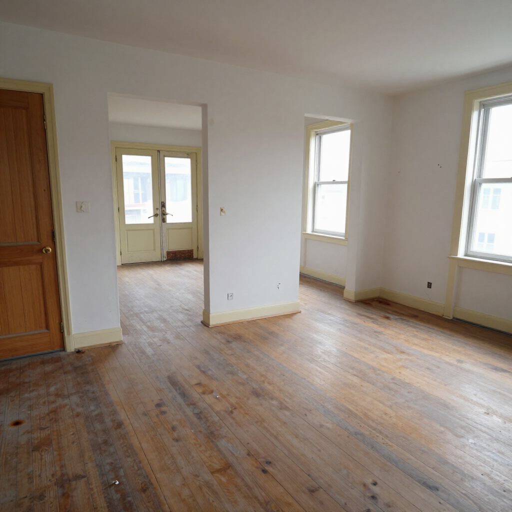 Empty unfurnished room with wooden floors, white walls, and large windows letting in natural light