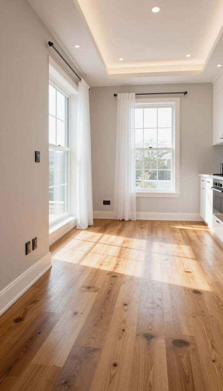 Bright empty room with wood floors, white walls, and large windows letting in sunlight